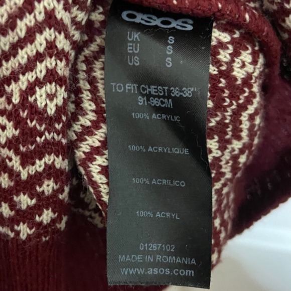 ASOS Burgundy Geometric Chevron Knit Crew Neck Sweater Grandad Nordic Retro S - Picture 5 of 10